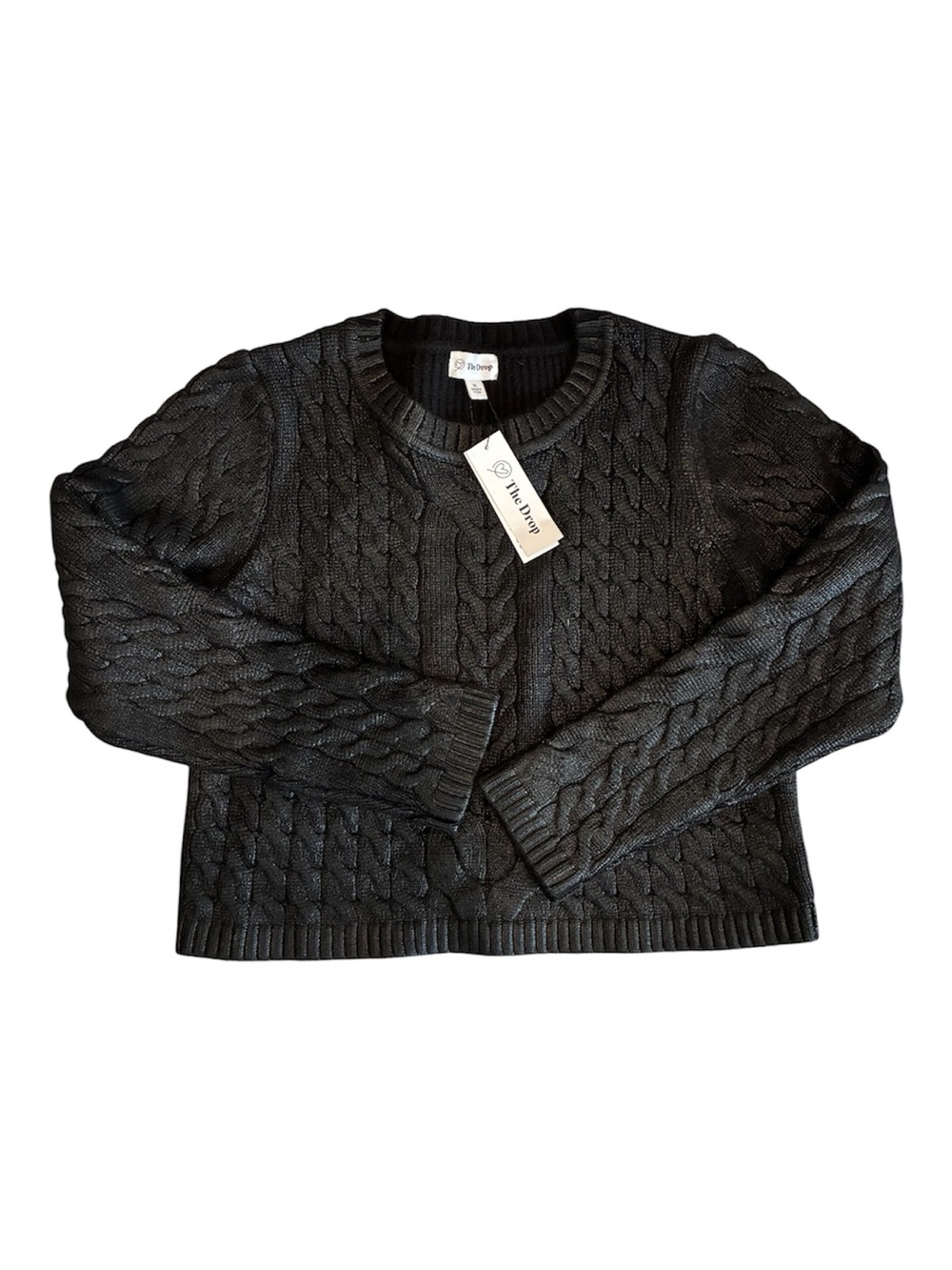 The Drop Women's Black Cable-Knit Crewneck Sweater Shiny Kinda Metallic Black